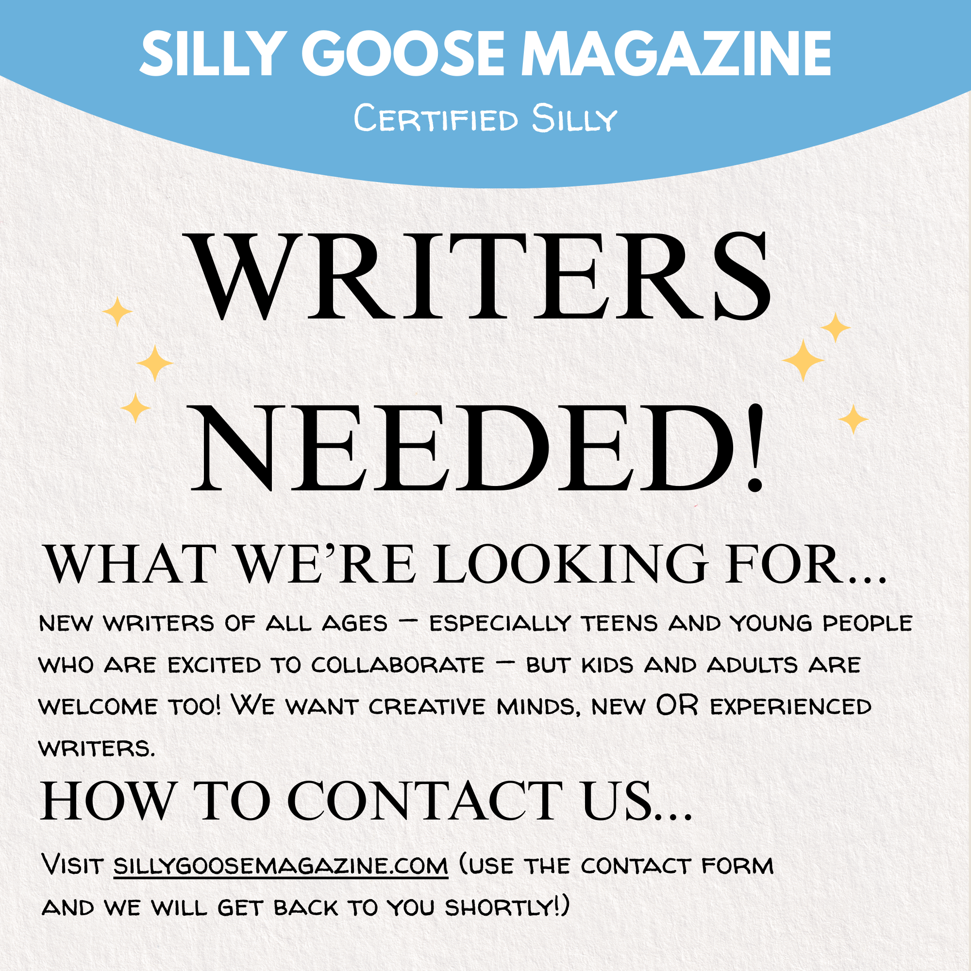 Announcement for Silly Goose Magazine seeking writers of all ages, especially teens and young people, encouraging creative minds to contact via the magazine's website.