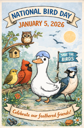 Illustration celebrating National Bird Day with various birds, including a duck, a red cardinal, a yellow chick, an owl, and a blue jay, along with a birdhouse and a sign that says 'Save the Birds' under a sunny sky.