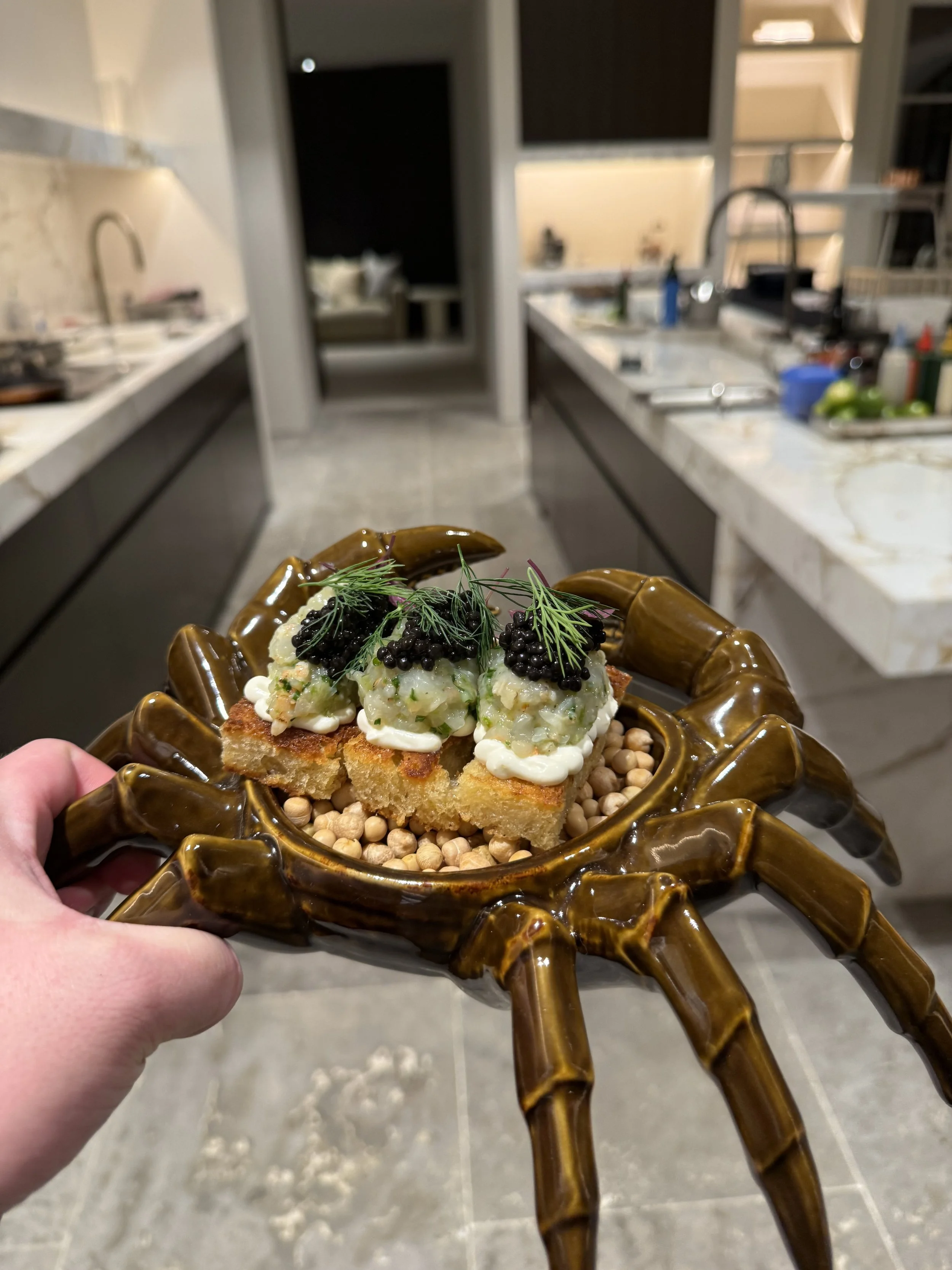 Een hand houdt een bord in de vorm van een krab met eten erop, inclusief stukjes toast met it's topping en bessen, in een moderne keuken. #chefvandenberghe , chef van den berghe , private dining, private chef aan huis