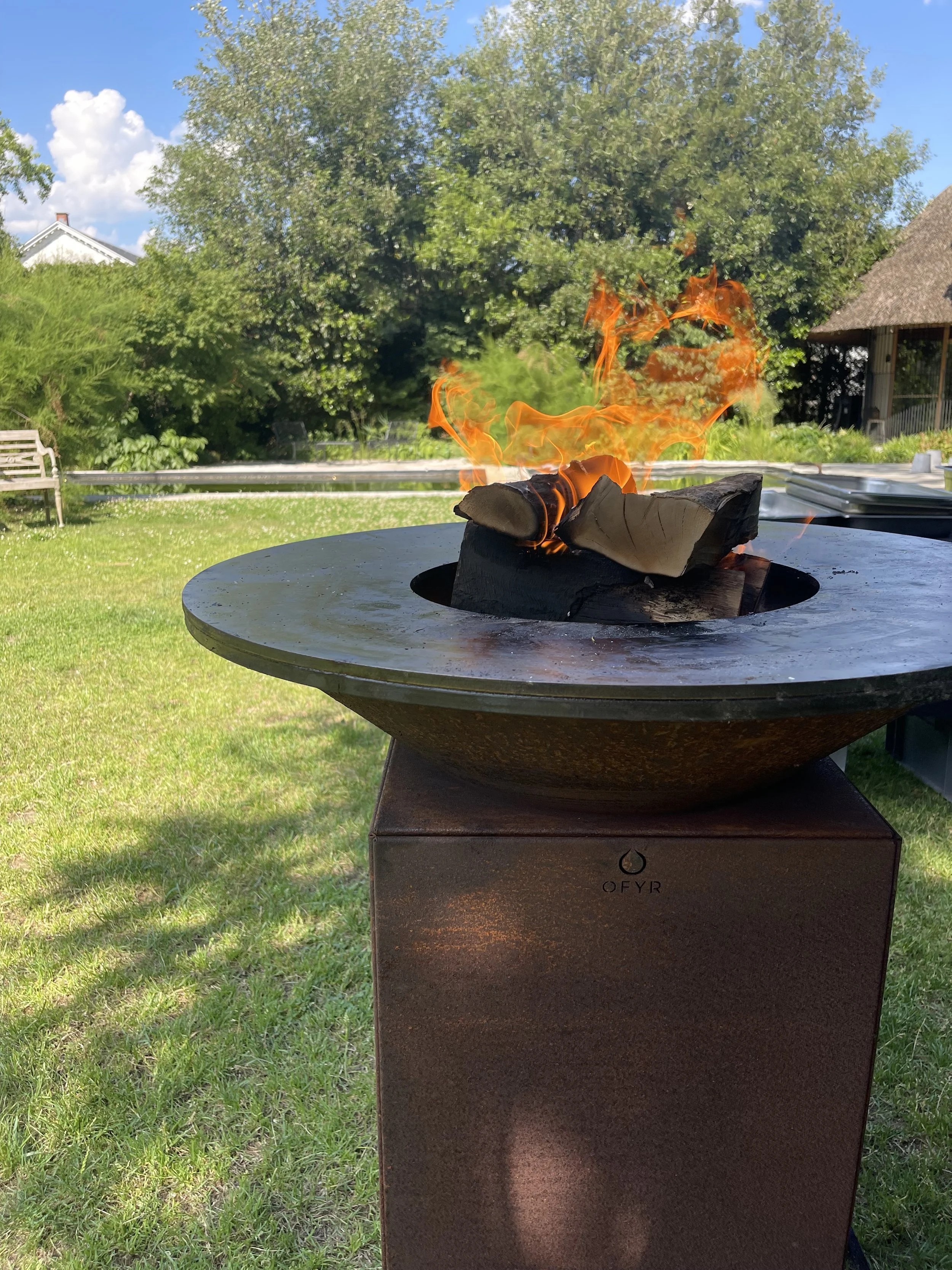 Vuurkorf met brandend hout op een grasveld, omgeven door bomen en een blauwe lucht. #chefvandenberghe , chef van den berghe , private dining, private chef aan huis