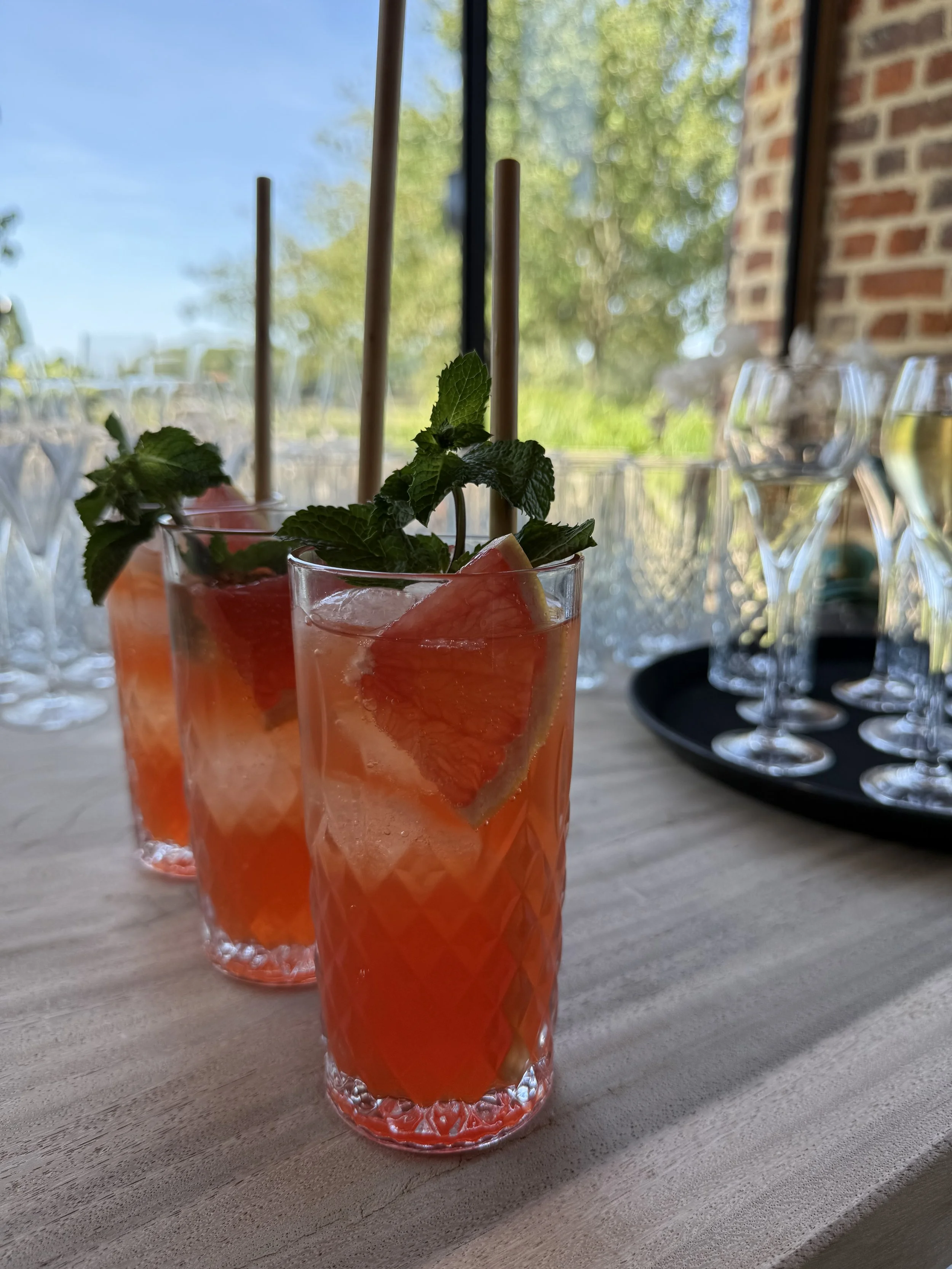 Drie glazen met een roze drankje, ijs, schijfjes grapefruit en munt, op een houten tafel met terugspeelbare achtergrond van een raam en glaswerk. #chefvandenberghe , chef van den berghe , private dining, private chef aan huis