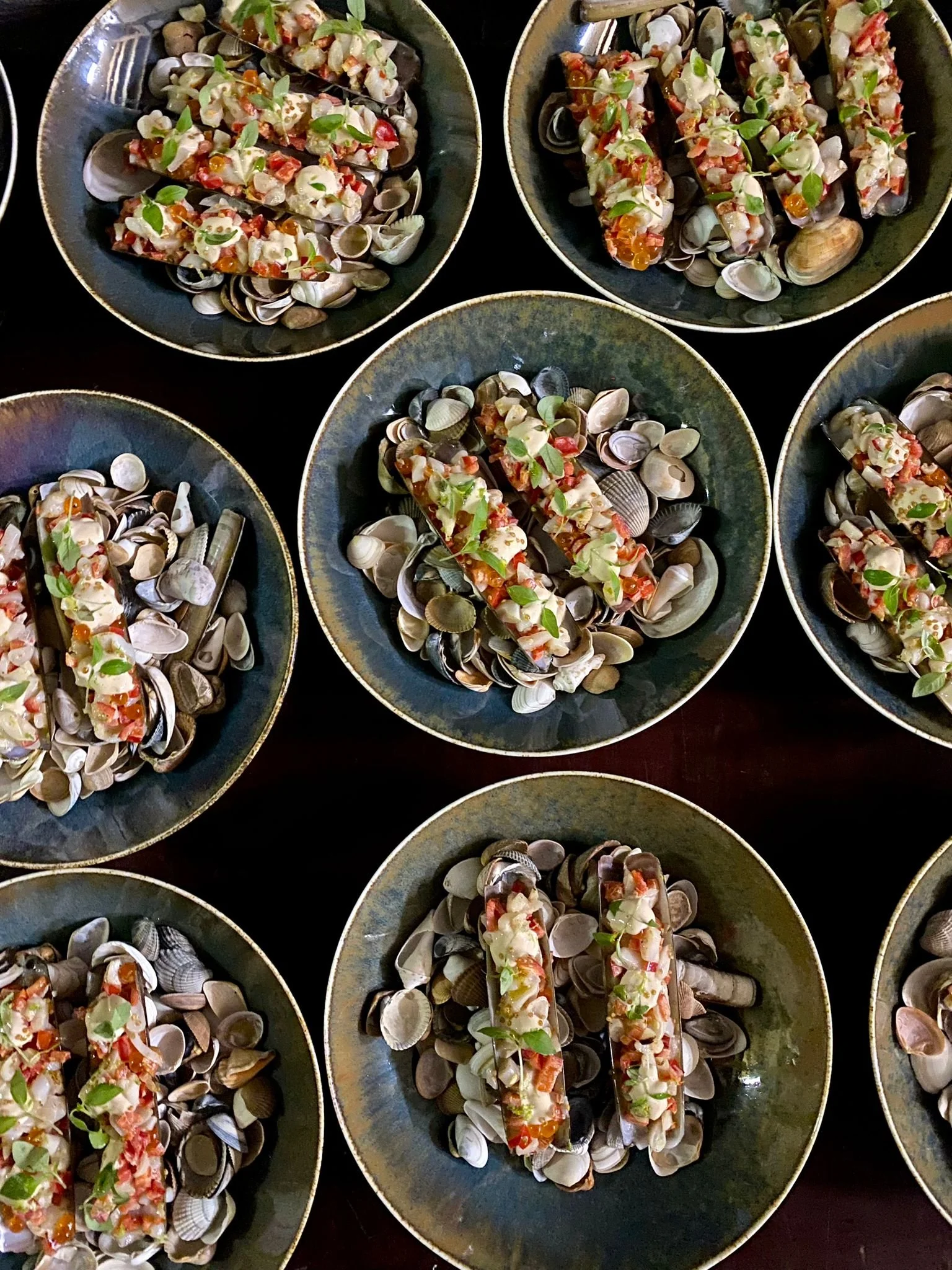 Borden met schelpdieren en een paar gestapelde schelpen, met een topping van kruiden en saus.  #chefvandenberghe , chef van den berghe , private dining, private chef aan huis