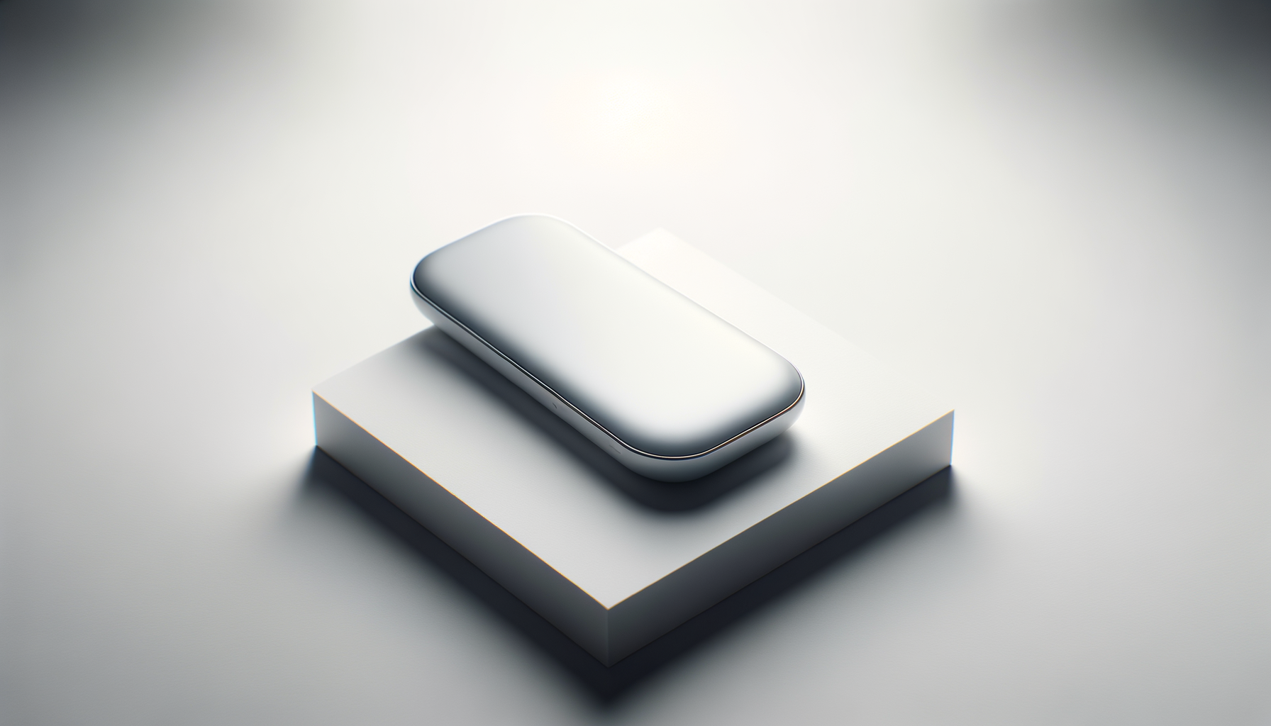 Een modern, zilverkleurig smartphone ligt op een witte, vierkante sokkel op een lichte achtergrond.