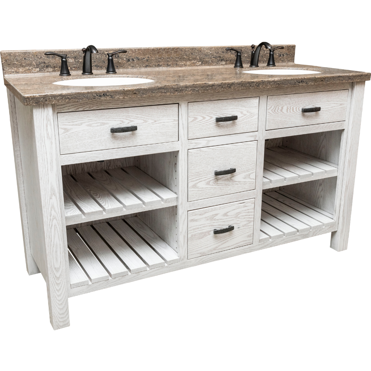 A white wood vanity with two wood plank shelve, five drawers, and a pink and black speckled countertop