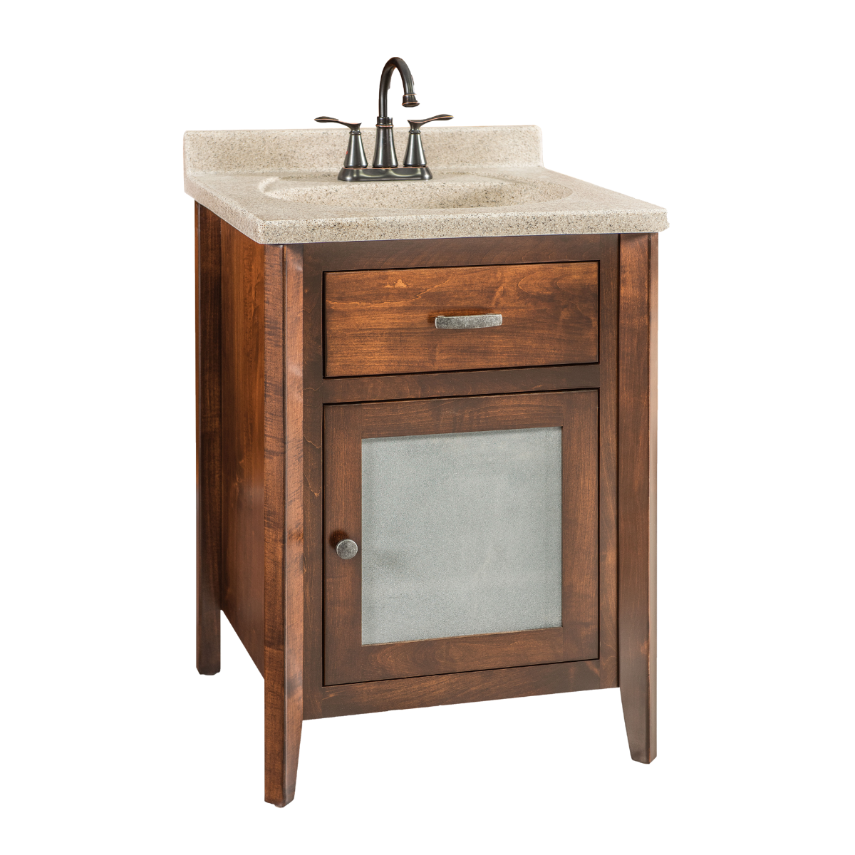 Single vanity cabinet that's brown featuring one door and one drawer