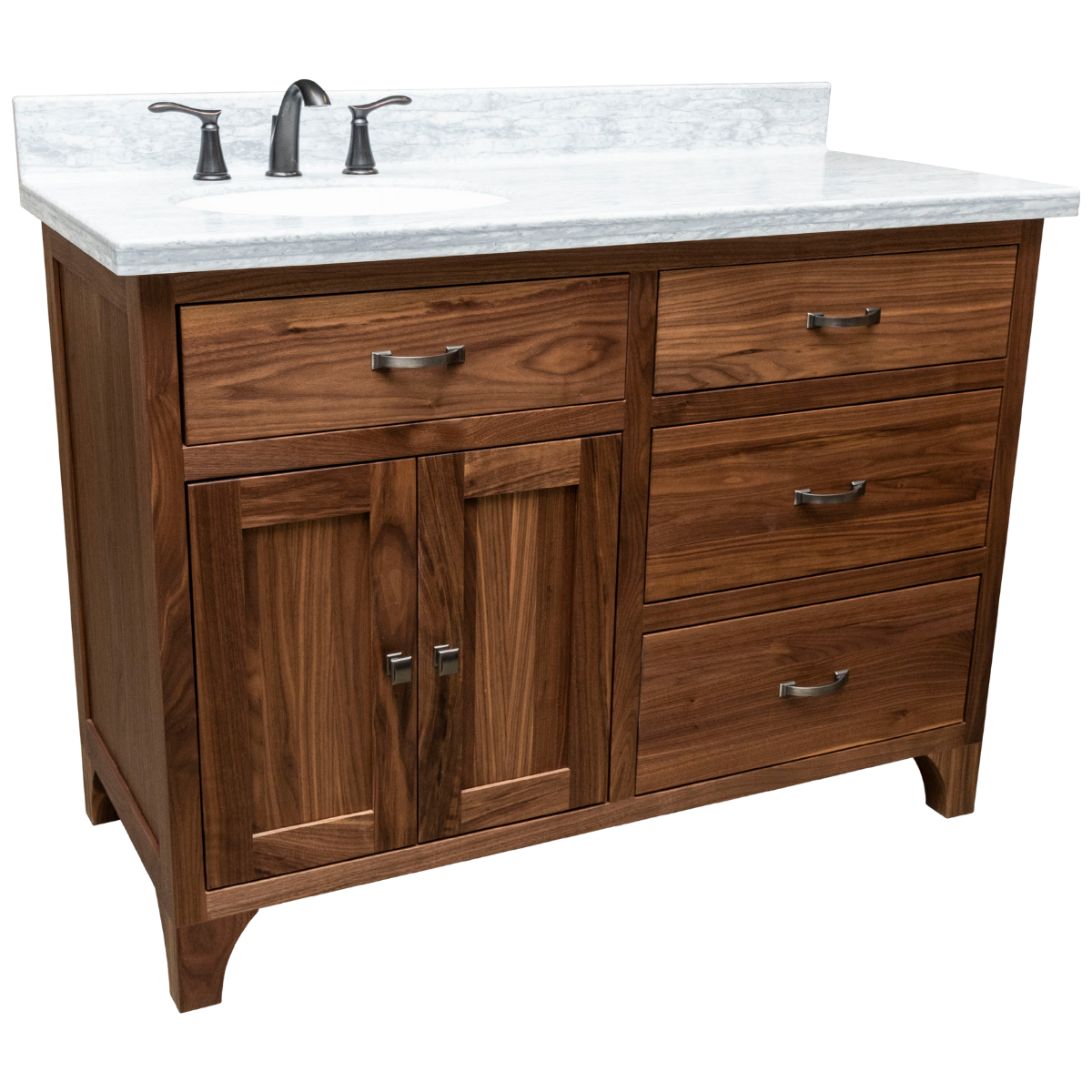 a walnut bathroom cabinet that has three drawers on the right side, two doors on the left side, and one drawer above the doors as well as a white quartz countertop