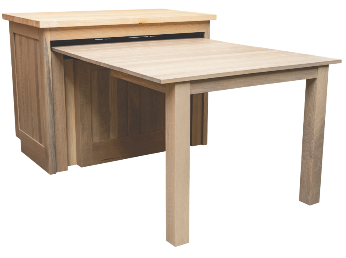 Wooden kitchen island with an extendable surface on two legs.