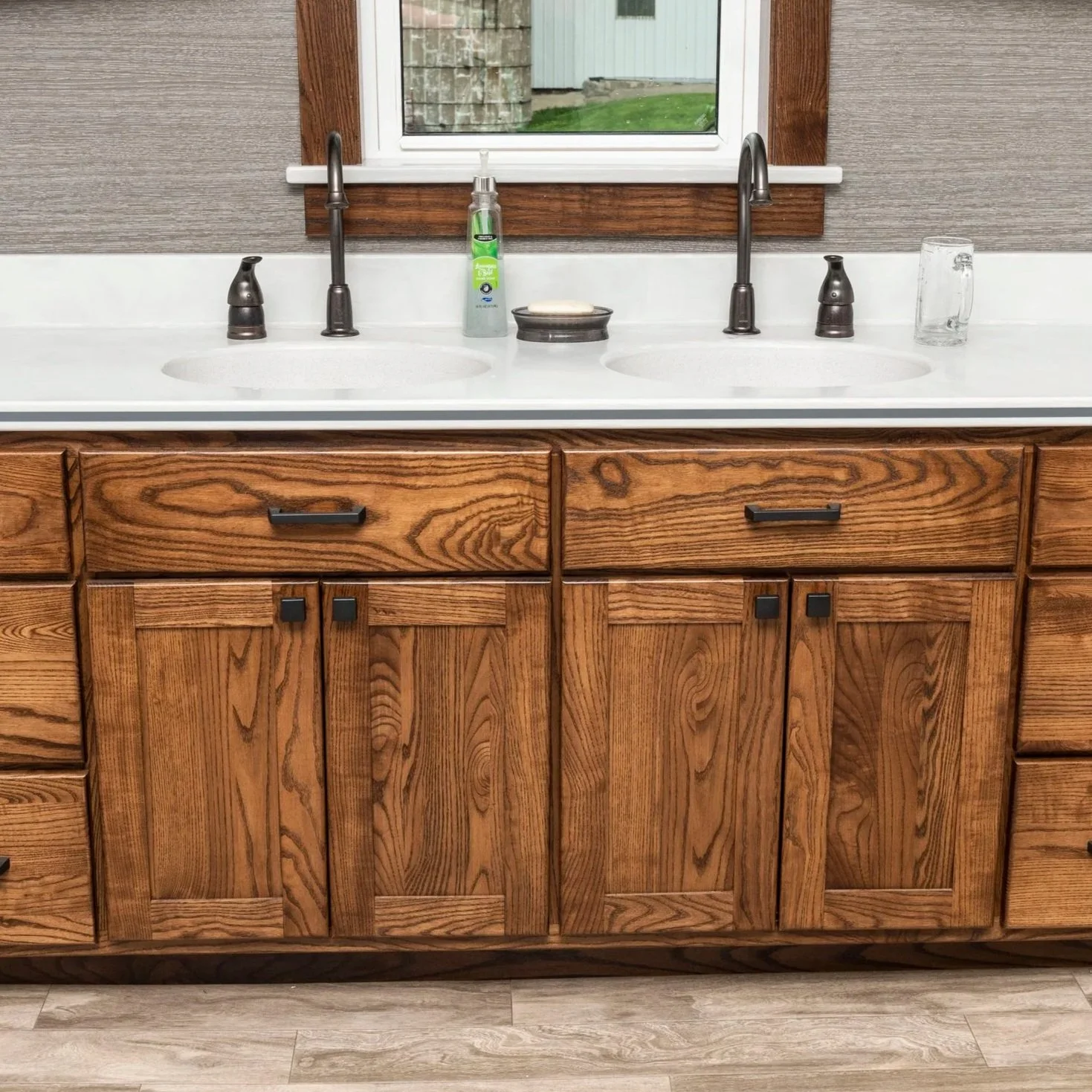 Red Oak Double Sink Vanity with Natural Grain Detail & Matte Black Hardware