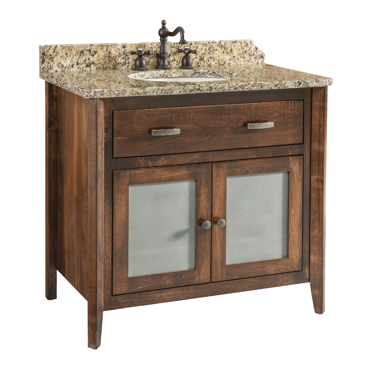 A brown bathroom cabinet with two frosted glass doors and one drawer featuring a speckled dark granite countertop with a single sink bowl