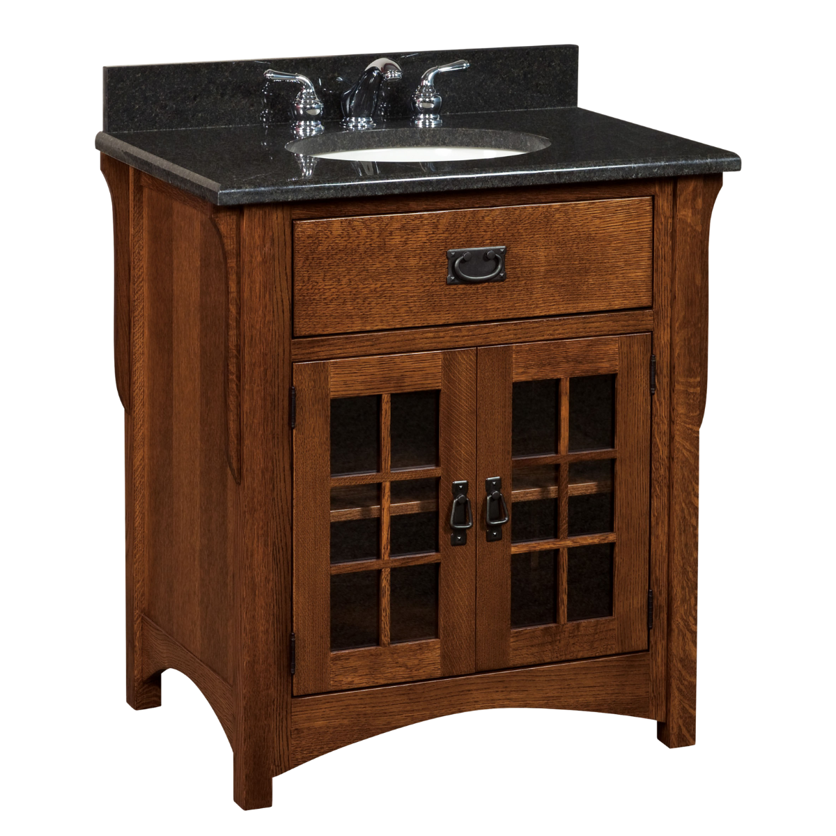 A small red-brown wooden vanity with two doors and one door and a black solid surface countertop