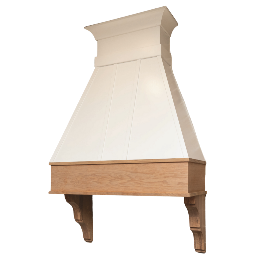 White kitchen range hood with wooden trim and decorative legs.