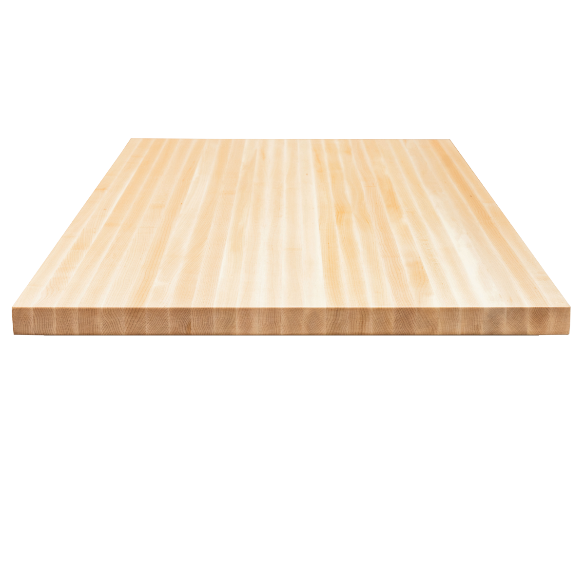 A close-up of a light-colored wooden butcher block countertop with a smooth surface.