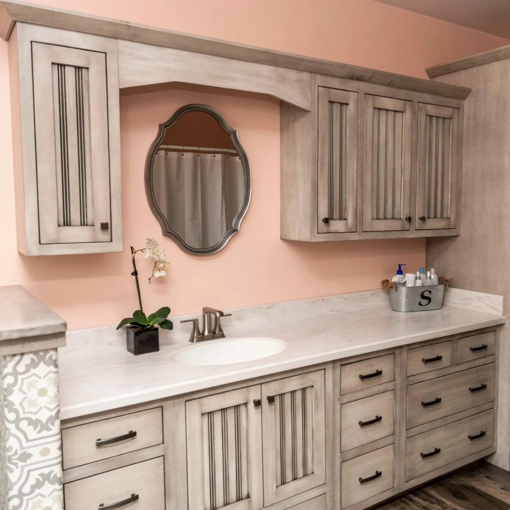 Light Stained Bathroom Cabinets with Valance & Reeded Shaker Doors