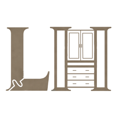 A capital "L" with joinery in the corner and a capital "H" featuring the outline of a cabinet