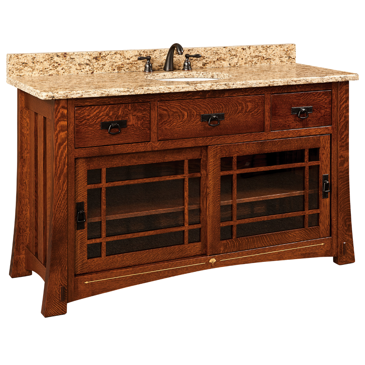 A red wooden cabinet that flares at the bottom and has two sliding doors, three drawers, and one sink in a granite countertop