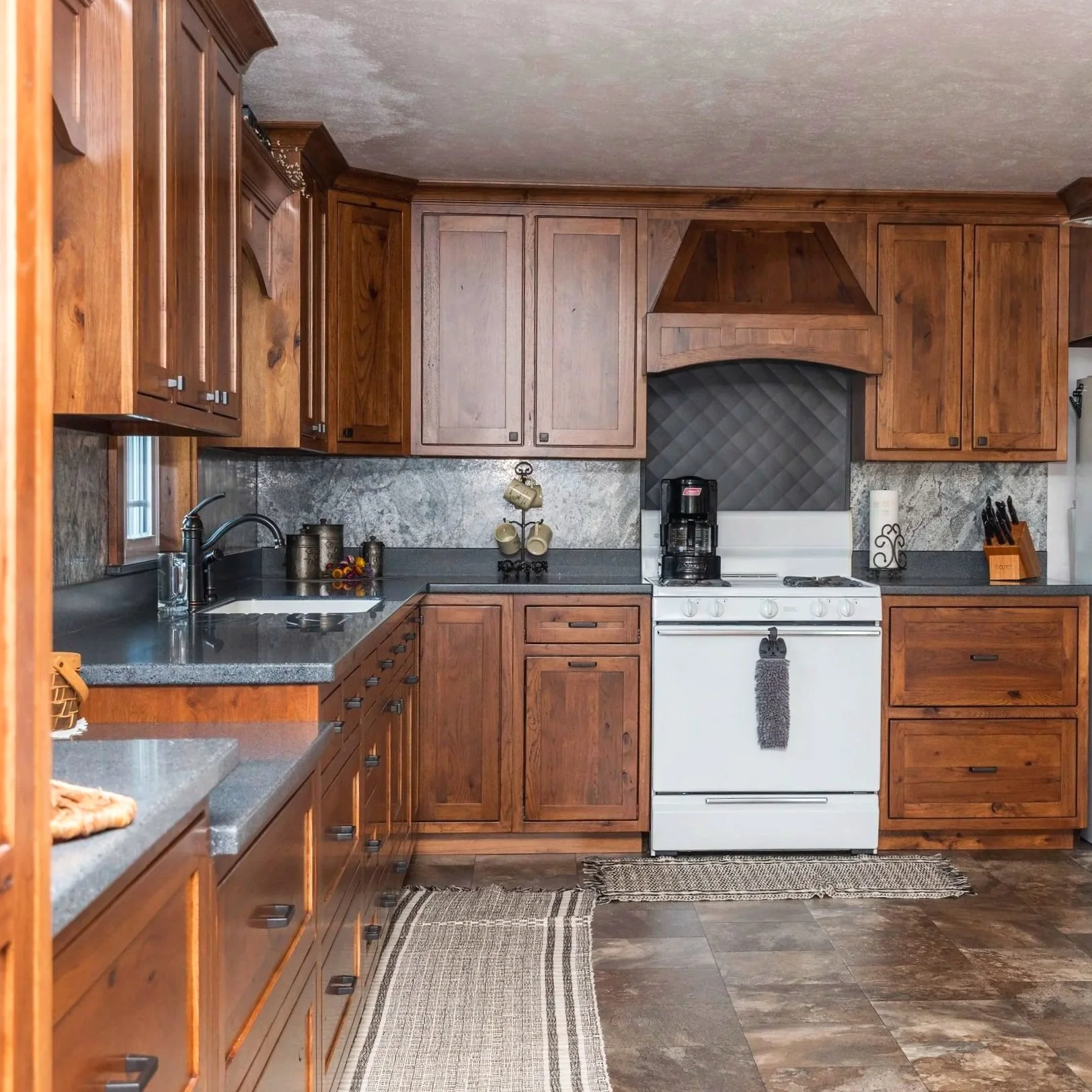 Rustic Hickory Kitchen with Custom Wood Range Hood & Decorative Window Valances