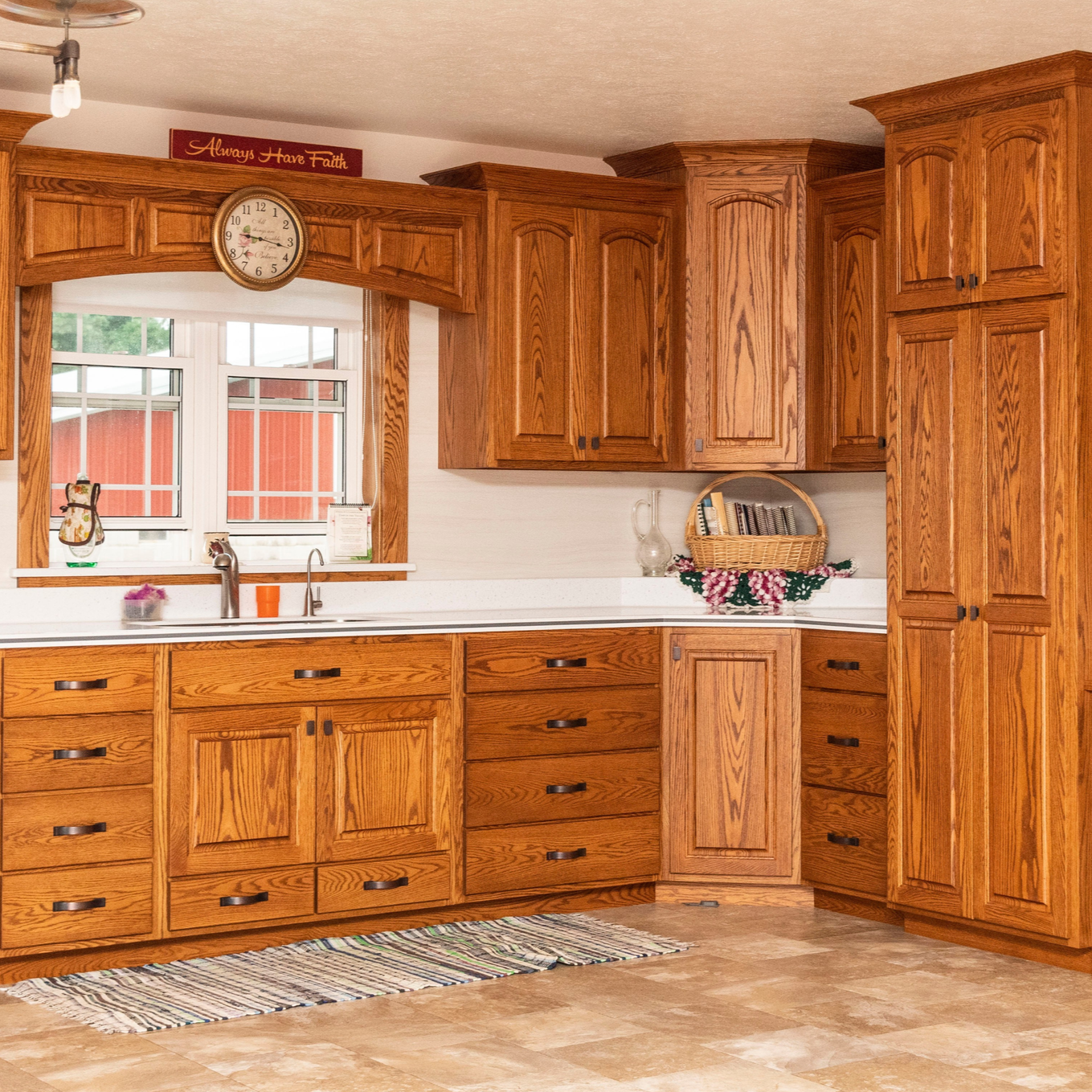 Red Oak Cabinets with Arched Window Valance & Custom Range Hood