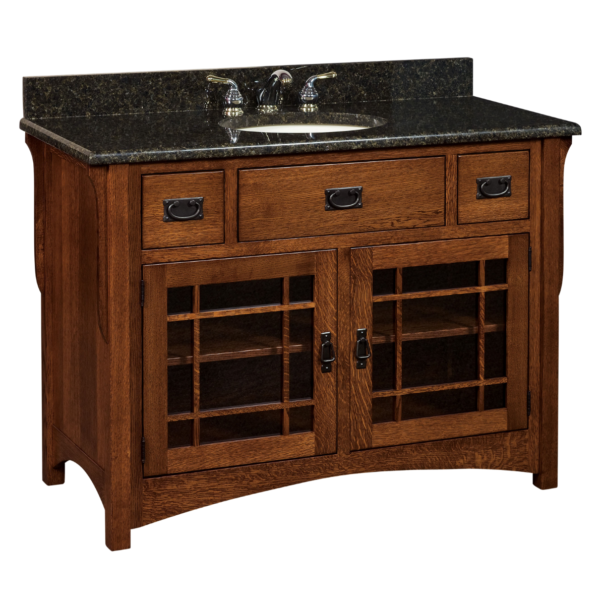 A single sink wood vanity featuring three drawers, two doors, and a black speckled countertop