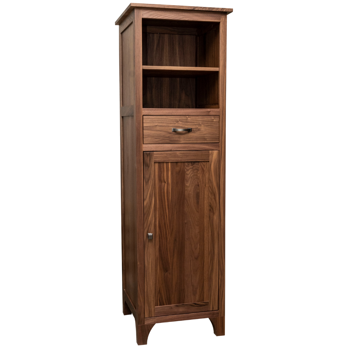 a walnut cabinet for linens with two cubbies on top, a drawer in the middle, and a door on the bottom