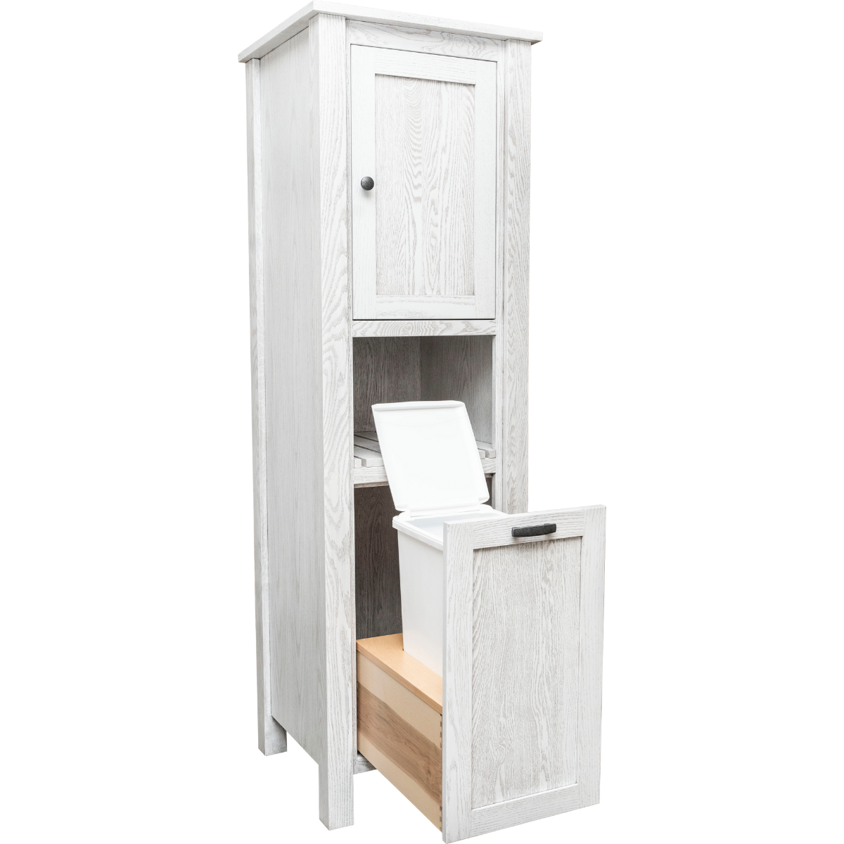 White wooden bathroom linen cabinet that is tall and has one cabinet door and one pullout hamper