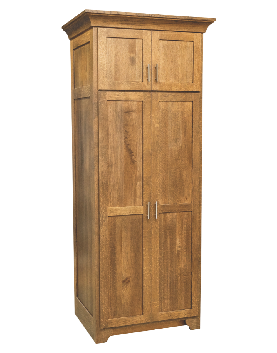A tall wooden cabinet with a natural finish and modern silver handles, featuring two large doors on the bottom and two smaller doors on the top.