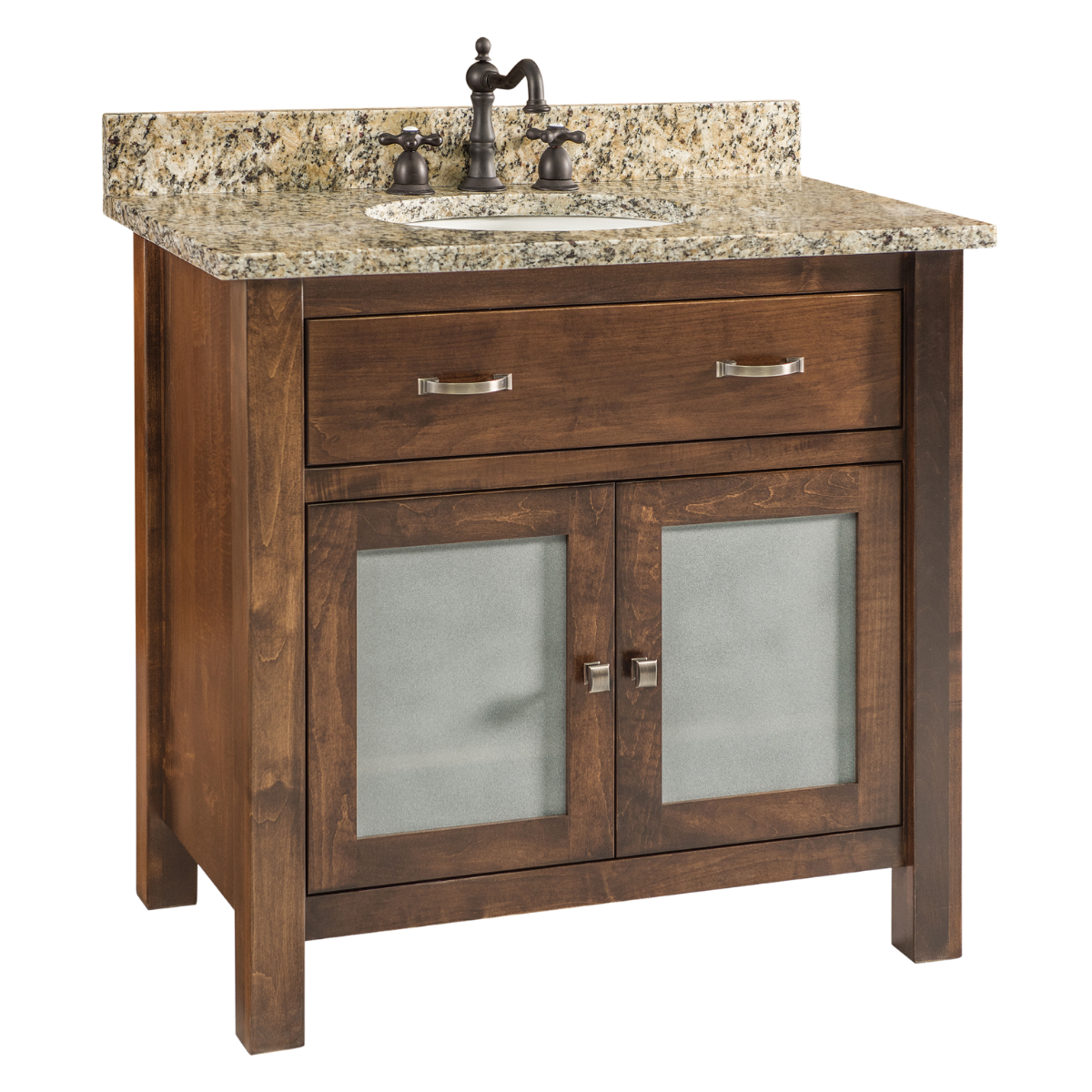 A vanity cabinet with two doors and one drawer, featuring silver hardware