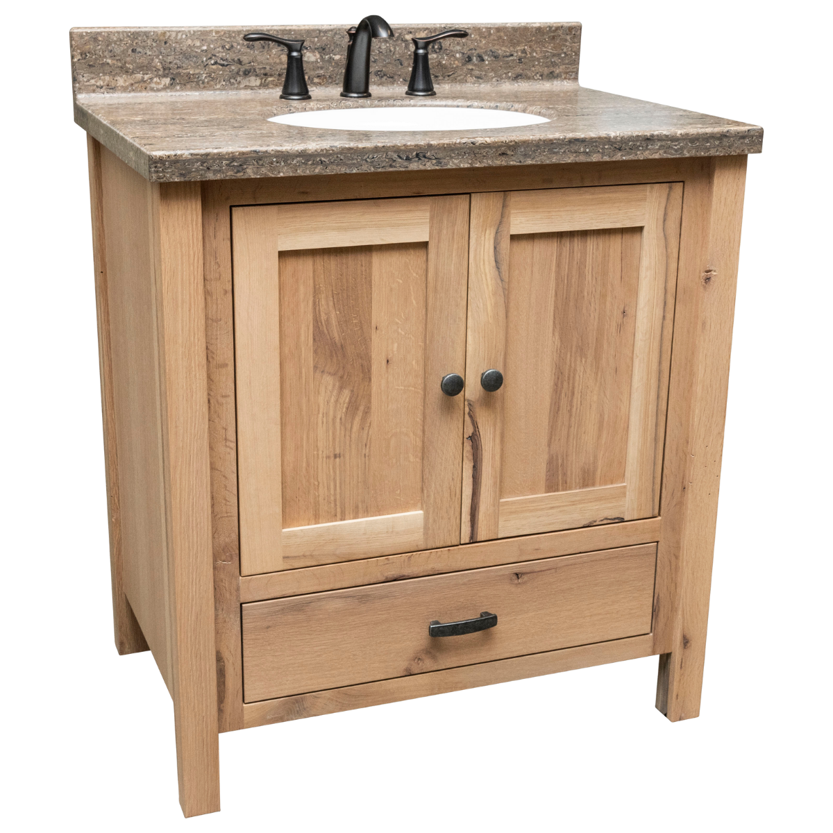 Wood cabinet with a sink, two doors, and one drawer on the bottom
