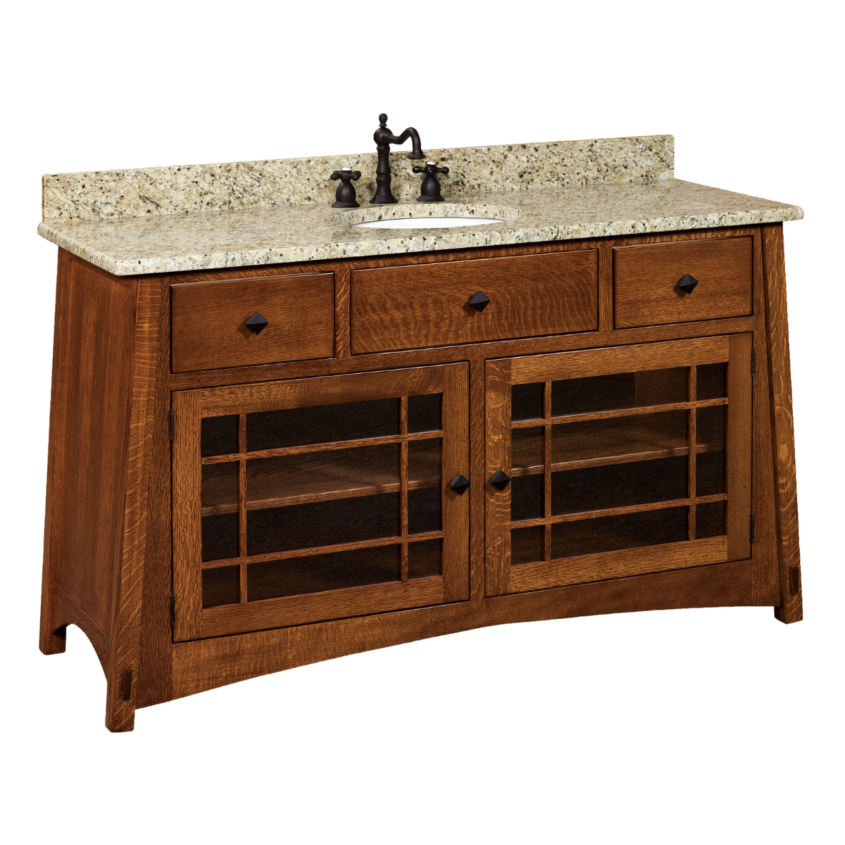 Craftsman-style wooden bathroom vanity with a rich stained finish, granite countertop and backsplash, single undermount sink, three upper drawers, and two lower glass-paneled cabinet doors with grid detailing.