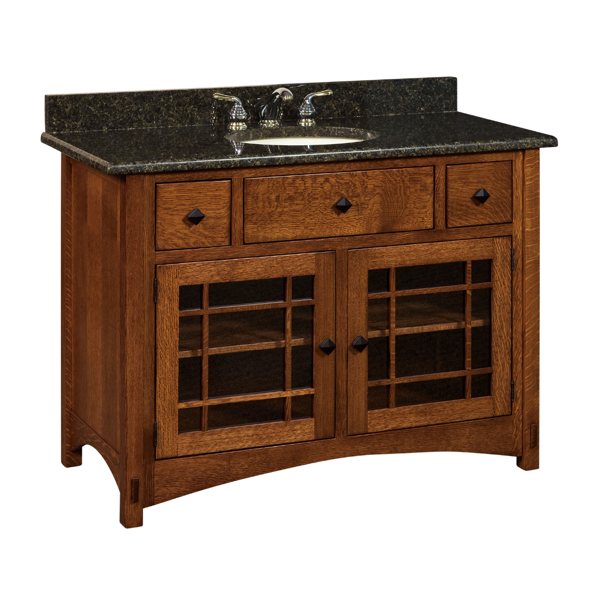 A vanity that is 49 inches wide with one sink in the center of a black granite countertop and the cabinet has three drawers and two doors with glass panes