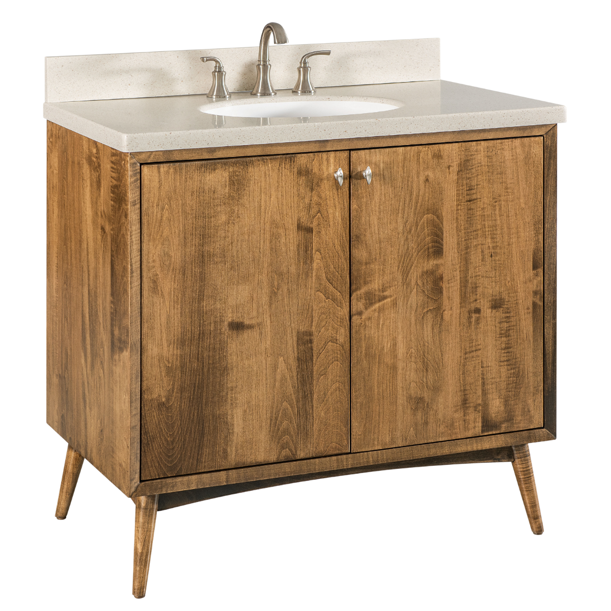 Light brown bathroom cabinet, on four legs, which has two doors and a light beige solid surface countertop with one sink