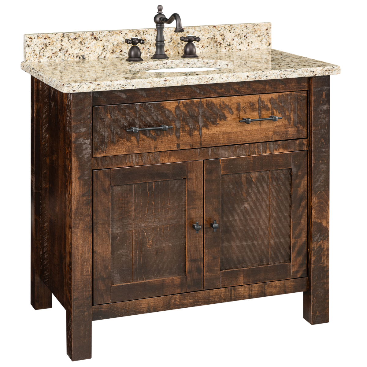 rustic farmhouse vanity cabinet that is 36 inches tall with two doors, one sink, and a tan speckled solid surface countertop