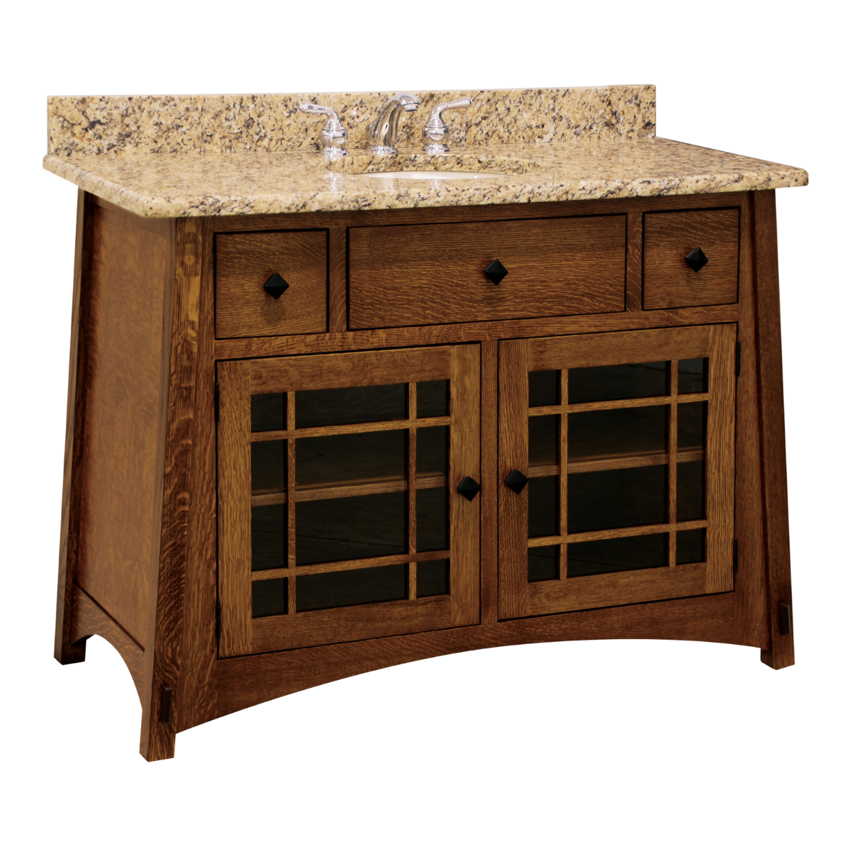 Craftsman-style wooden bathroom vanity with a warm stained finish, granite countertop with integrated backsplash, single sink, three upper drawers, and two lower glass-paneled cabinet doors.
