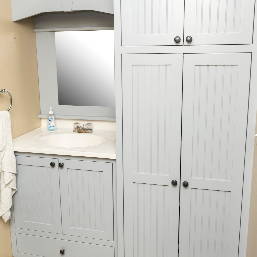 Painted Cottage-Style Beadboard Vanity with Matching Linen Cabinet
