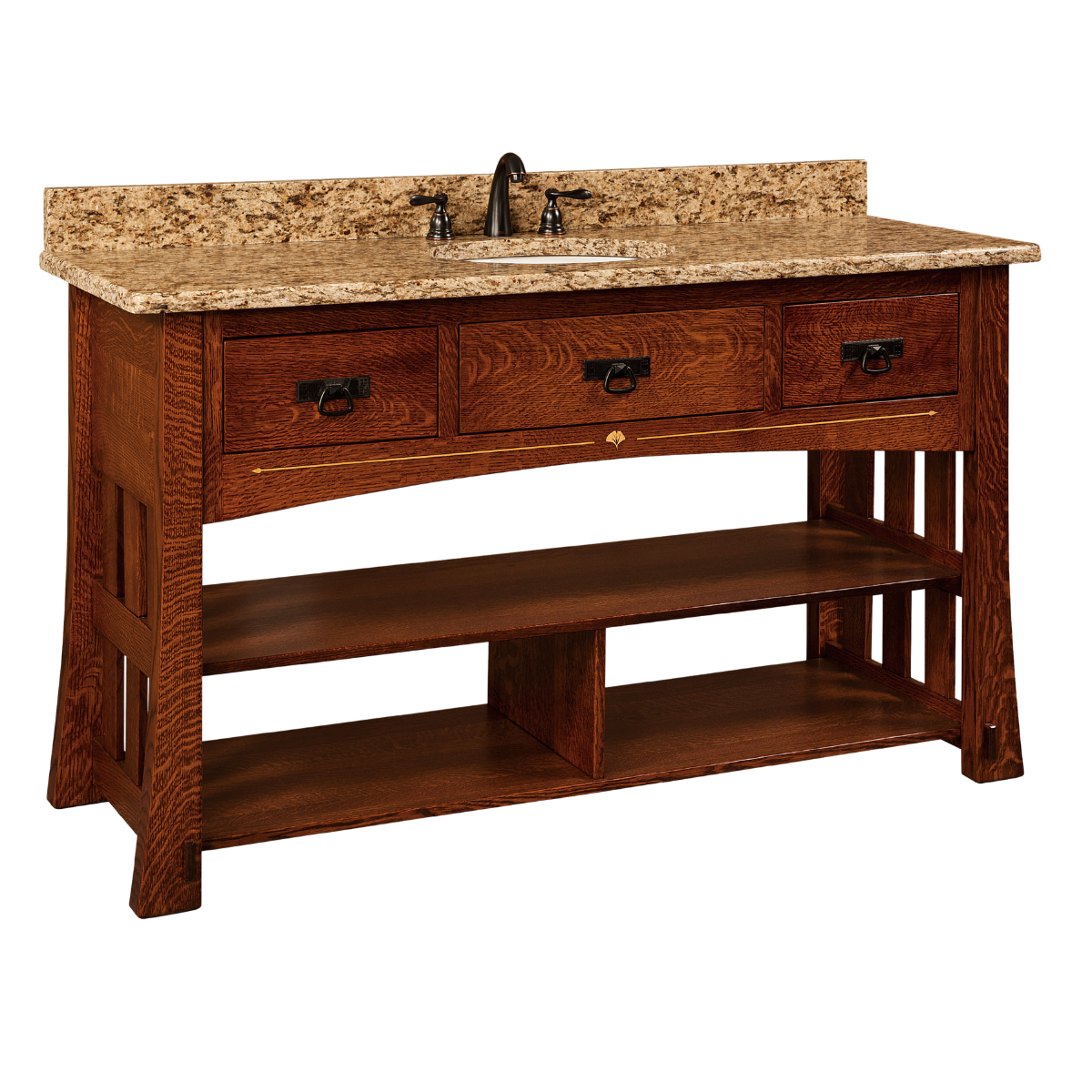 Solid wood Craftsman bathroom vanity with granite top, single sink, curved front apron, ring-pull drawer hardware, and open two-tier shelving for visible storage.