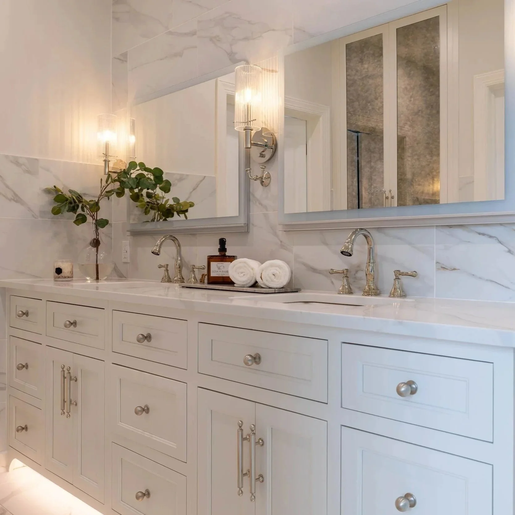 White Double Vanity with Flush Inset Doors & Toe Kick Lighting