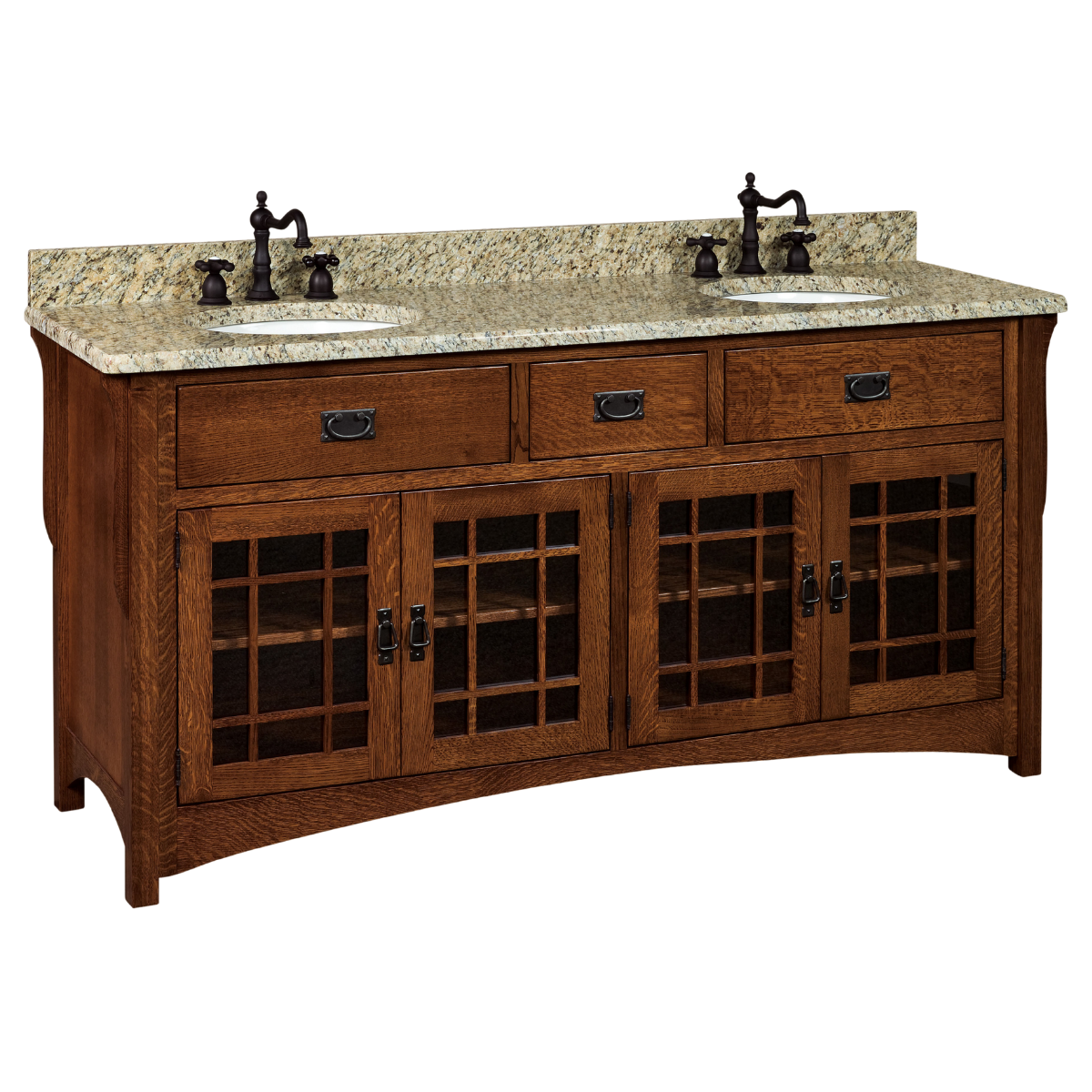 A double sink bathroom vanity cabinet that is made out of wood and has glass doors
