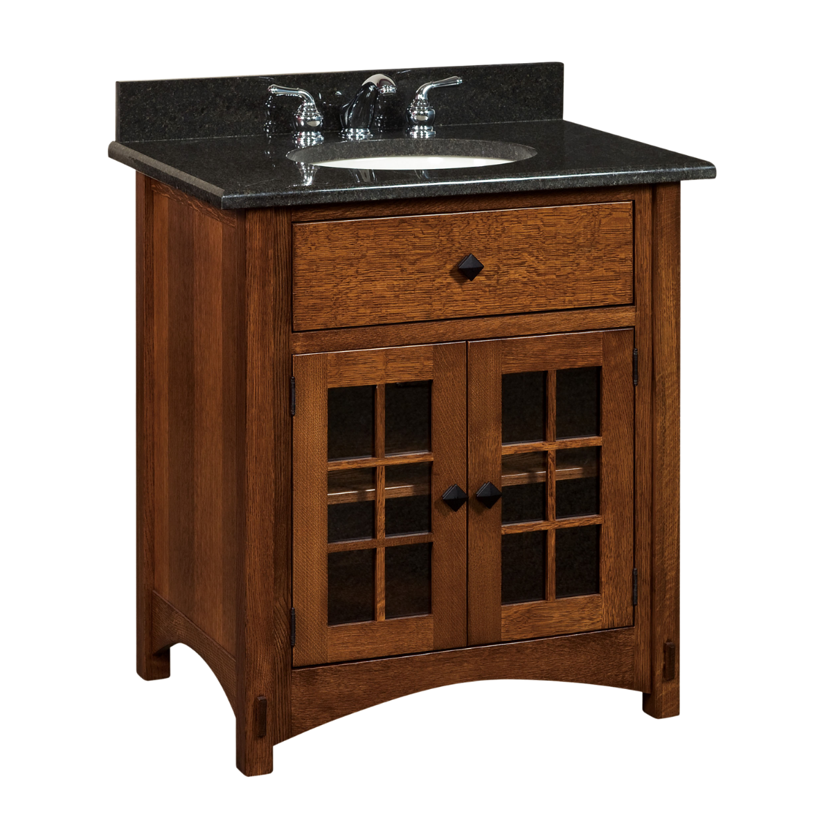 a 33 inch wide vanity with a black granite countertop, a drawer, and two glass window doors
