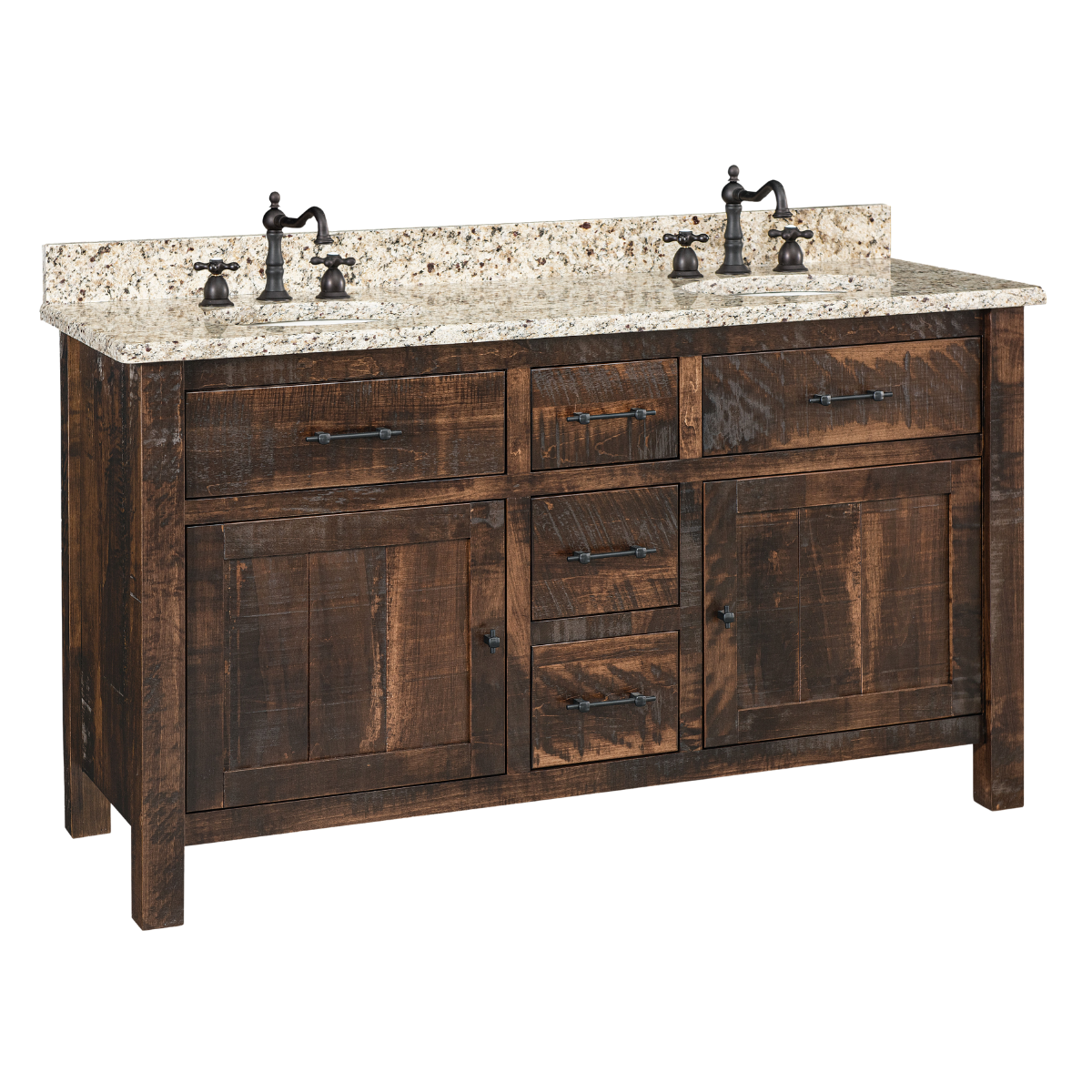 A dark rustic brown vanity that has two doors, three small drawers, two big drawers, and a white, black, and tan speckled granite countertop with two sinks