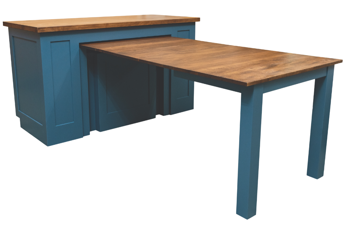 A wooden kitchen island cabinet that's painted blue with a pull-out preparation surface.