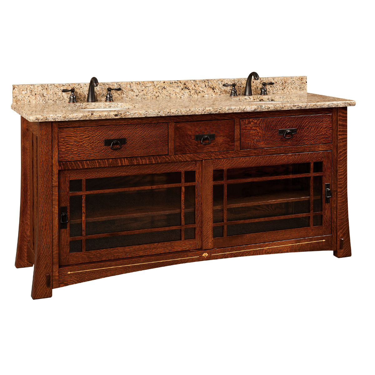 A vanity with two sinks that have brushed black faucets sitting on top of a dark granite countertop which is on a red wood cabinet with two sliding glass doors and three drawers