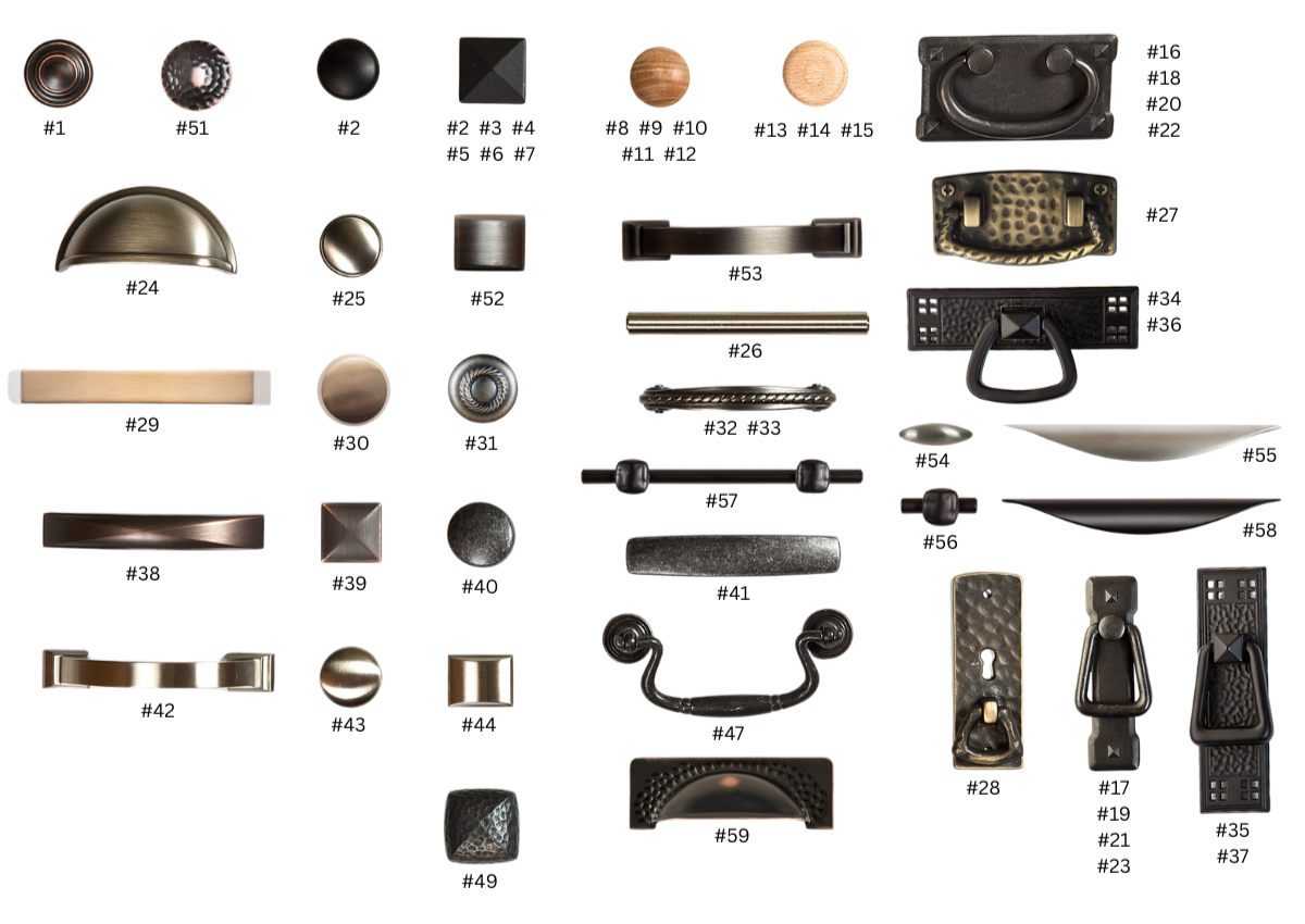 A collage of various hardware handles, knobs, pulls, and hardware pieces of different materials and finishes.