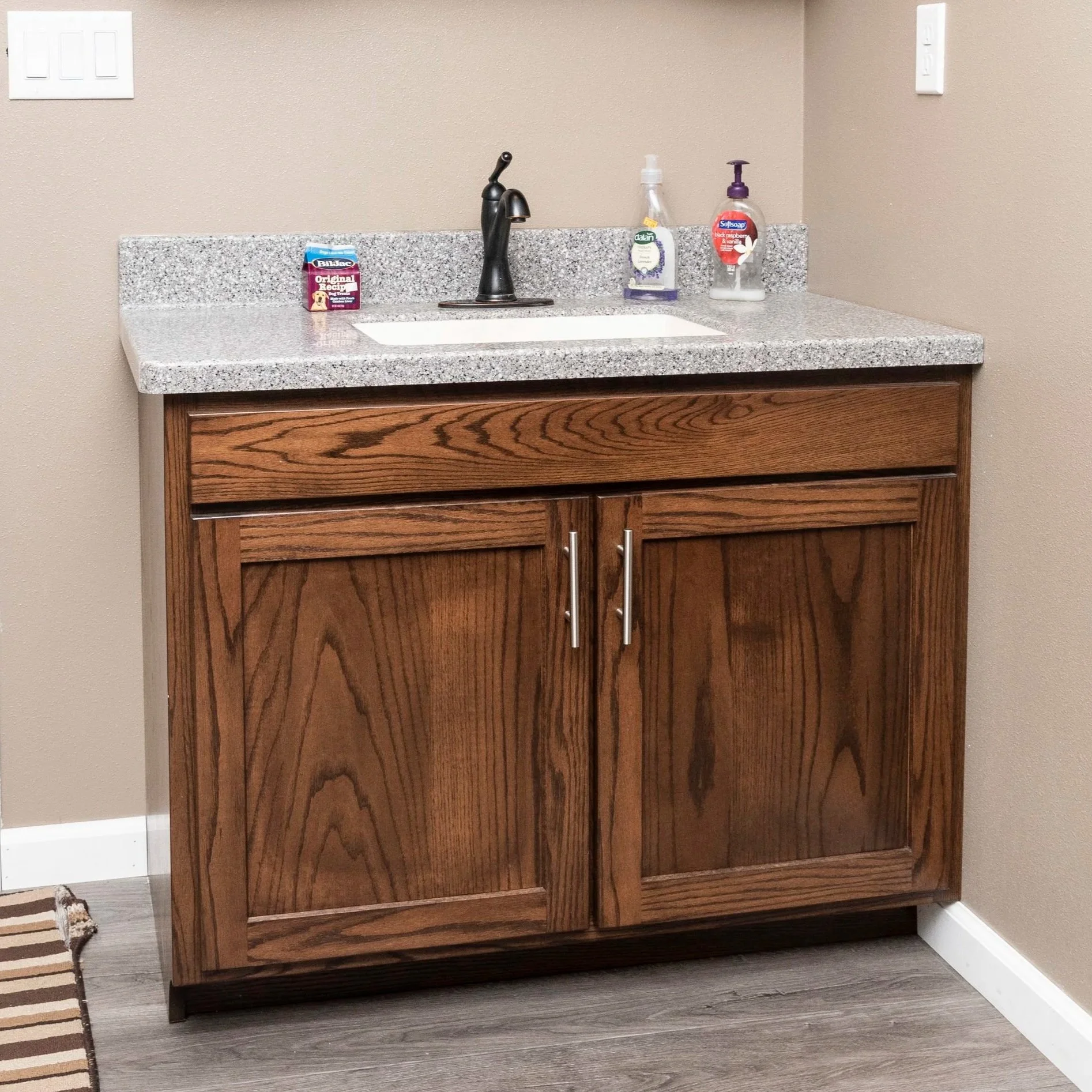 Single Oak Bathroom Vanity with Solid Surface Countertop & Built-In Mirror