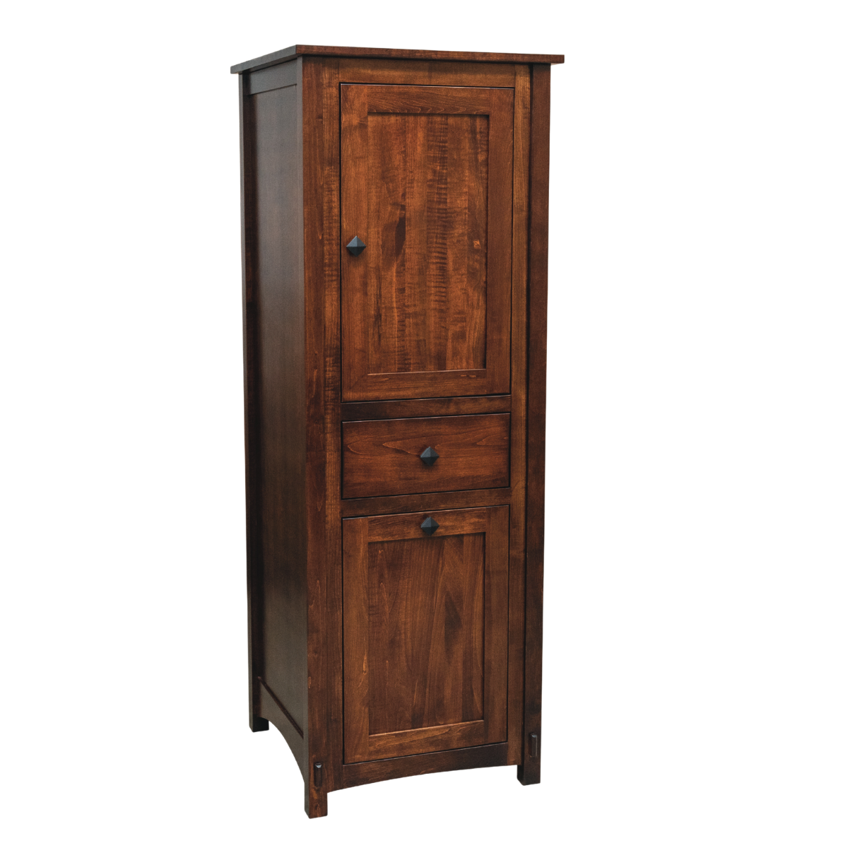 A soft maple linen cabinet with a burnt umber stain that has one door on top, a drawer in the middle, and a pullout hamper on the bottom