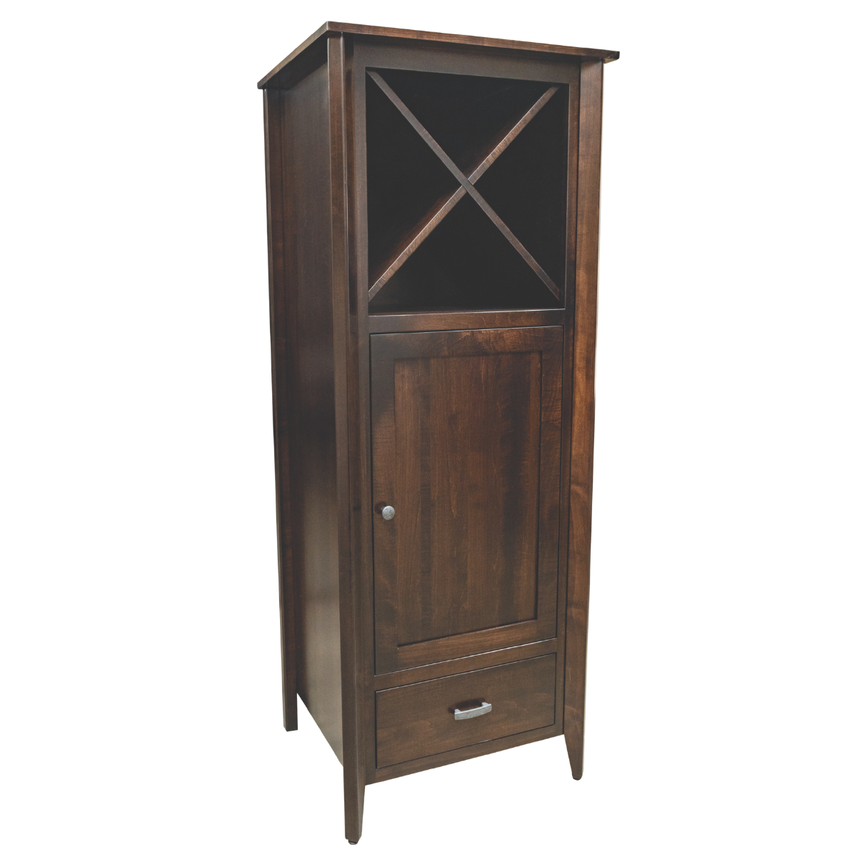 A dark brown linen cabinet with one drawer on the bottom and one door above the drawer