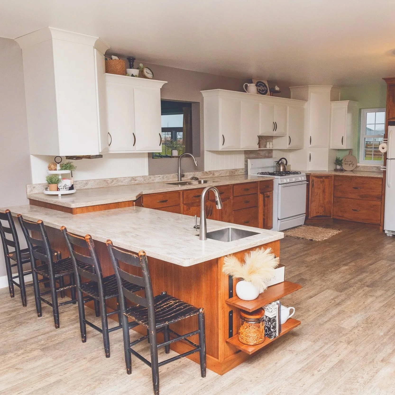 Brown Maple Kitchen with Rounded Wall Cabinet Doors & Split-Level Countertop