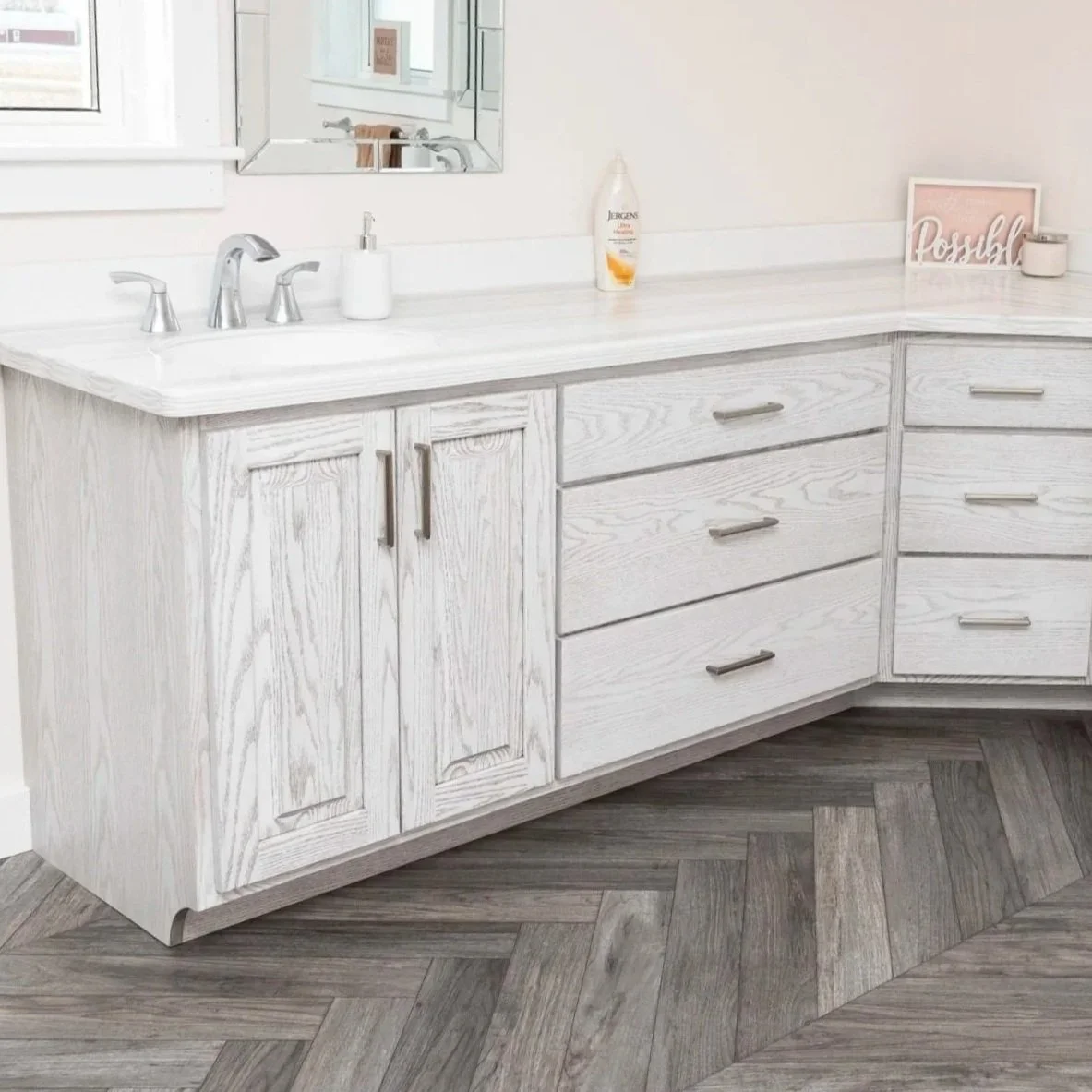 White Paint and RH Glaze Red Oak Double Vanity With Shaker Doors