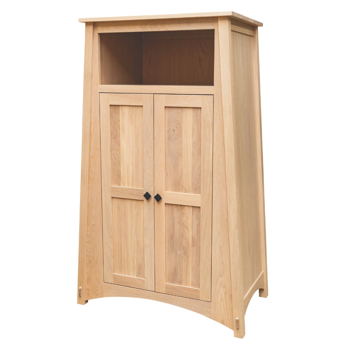Craftsman-style solid wood linen cabinet with natural finish, open upper shelf, and two paneled storage doors, handcrafted for bathroom or bedroom storage.