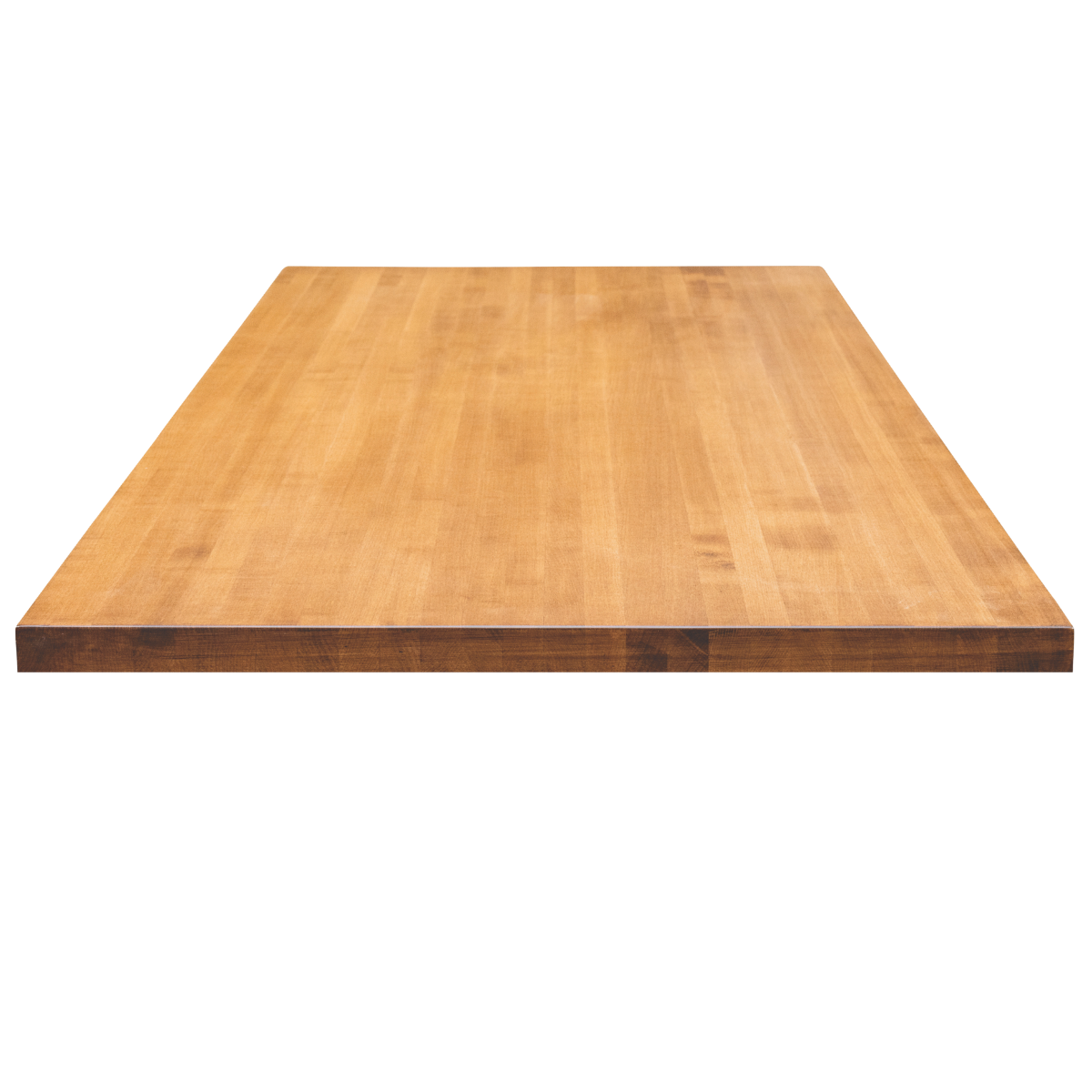 A wooden butcher block countertop with a smooth, light brown surface.
