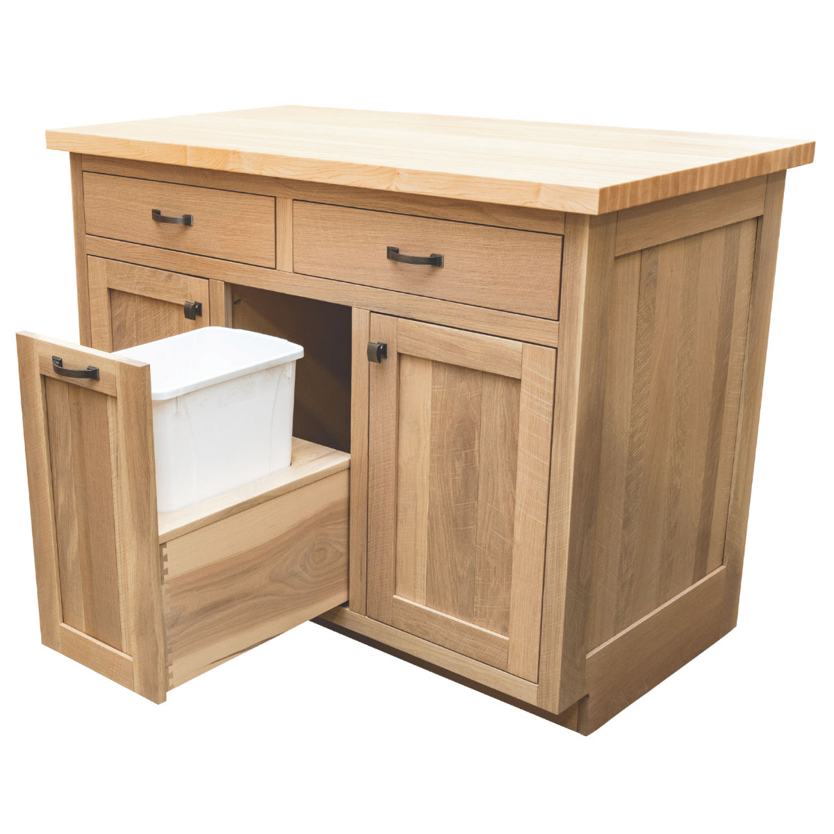 A wooden kitchen cabinet with multiple drawers and compartments, some with open doors revealing a white storage bin inside.