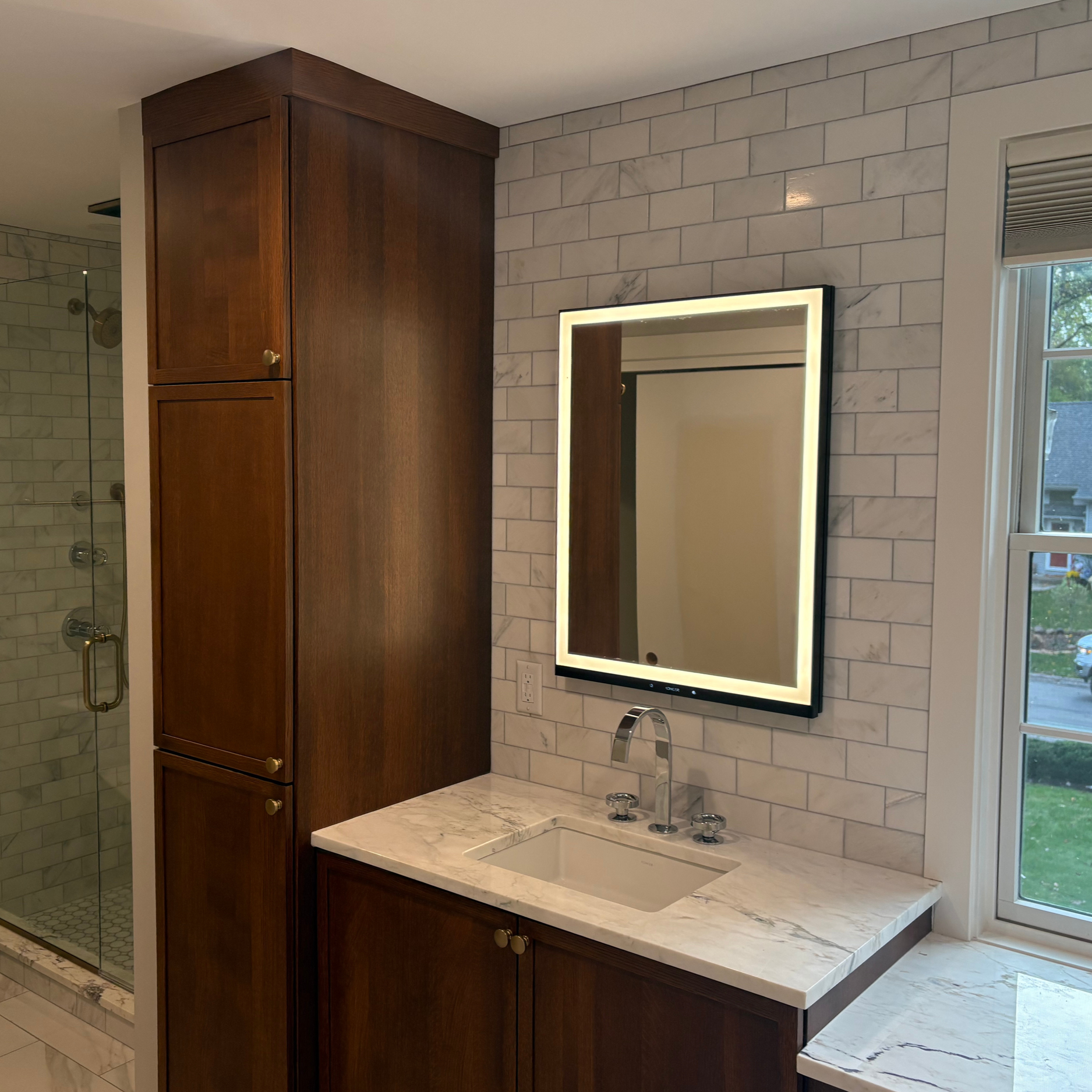 Nutmeg Stained Rift White Oak Bathroom Cabinets with Full Overlay Skinny Shaker Doors & Flat Crown